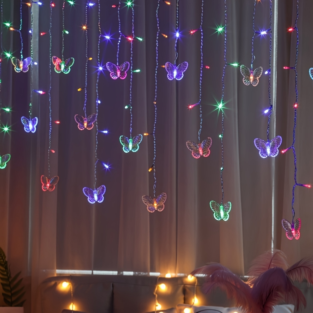 1pc butterfly curtain fairy light 8 modes 2m 6 56ft 48 led solar firefly twinkle string lights 10 butterflies waterproof copper wire light for room bedroom christmas wedding party dorm patio details 0