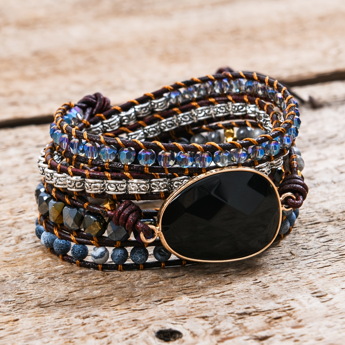 Boho Style Wrap Bracelet, Crystal Natural Stone Beads