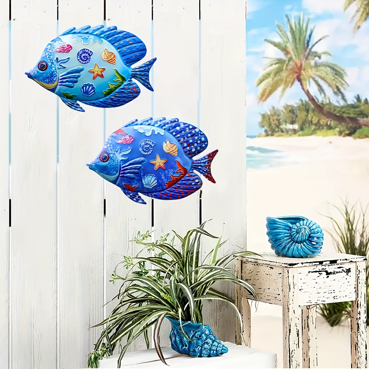 Coastal Ocean Sea Metal Fish Wall Art Decor Set of 2 for Indoor /Outdoor Hanging - Sculptures for Home, Bathroom, Garden, Patio, Pool Fence, Size: 10*