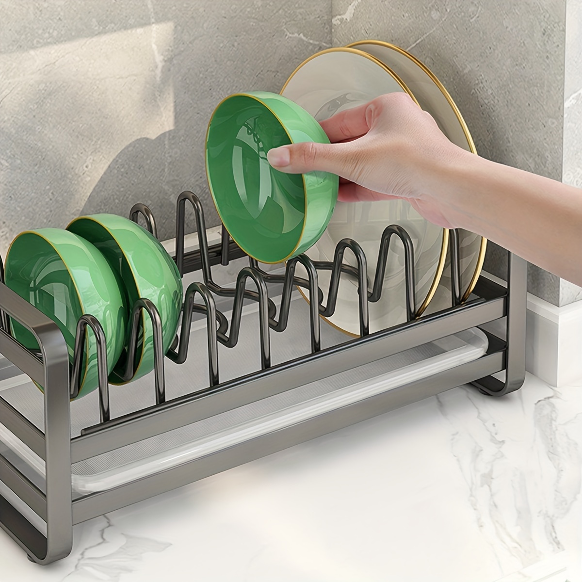 Dish Drainer With Removable Utensil Holder, Dish Rack, Plates