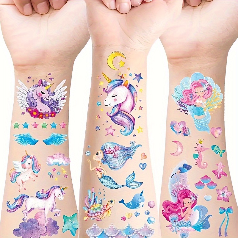 Tatuajes temporales de unicornio, decoraciones de cumpleaños, suministros  de fiesta, 78 piezas de tatuajes mágicos de unicornio arco iris, regalos