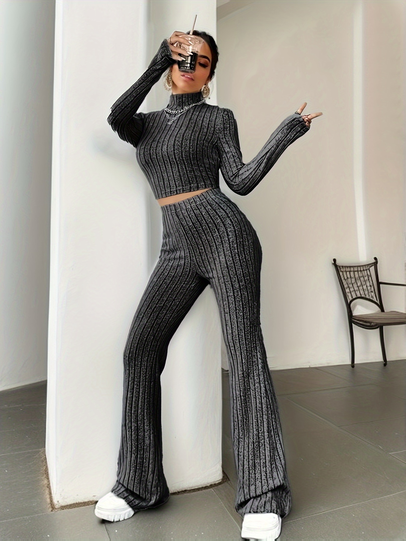 Girl's Causal Ribbed Outfit Long Sleeve Top Flare Pants Set - Temu