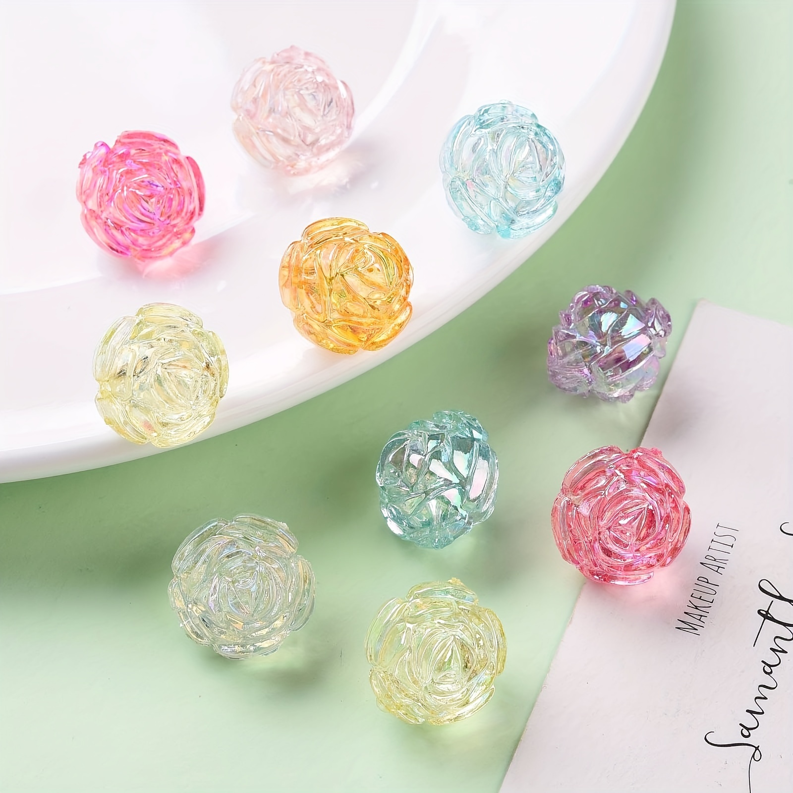 

20pcs 18mm Transparent Acrylic Beads, Rose Flower Shape Colorful Loose Beads For Jewelry Making Diy Bracelet Necklace Random Mixed Ab Color 18x16.5mm, Hole: 2.5mm