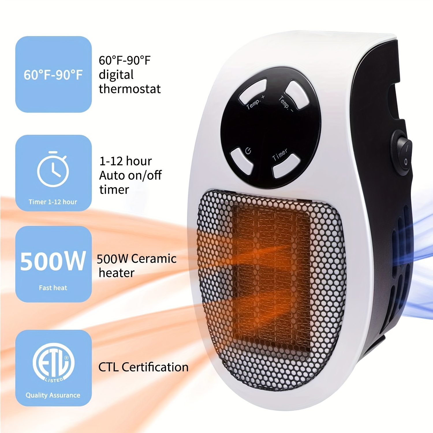 1pc Small Heater Heating Fan Modes 500w Space Heater Wall Outlet