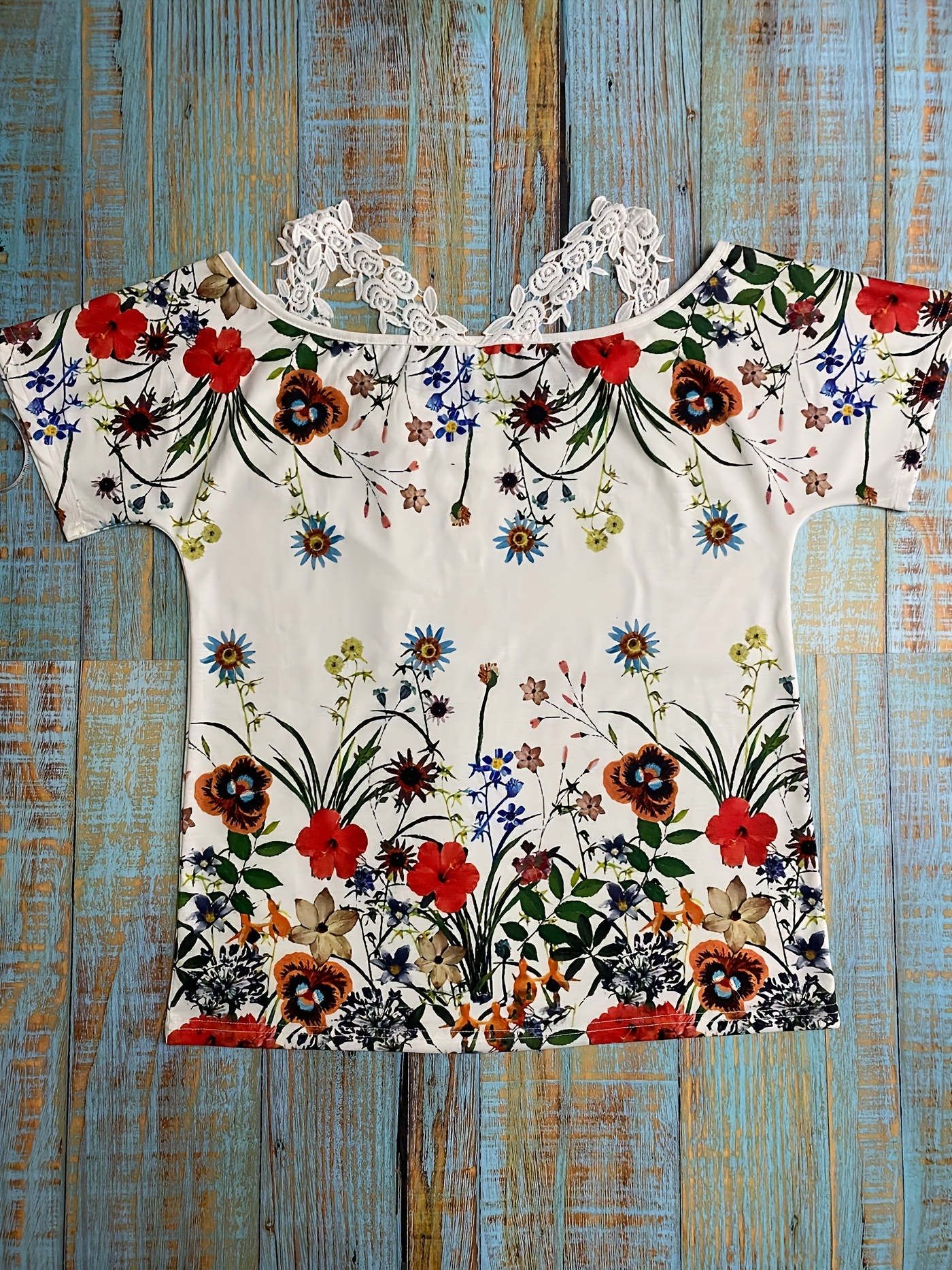 Floral Print Lace Strap T shirt Casual Top Spring Summer - Temu Canada