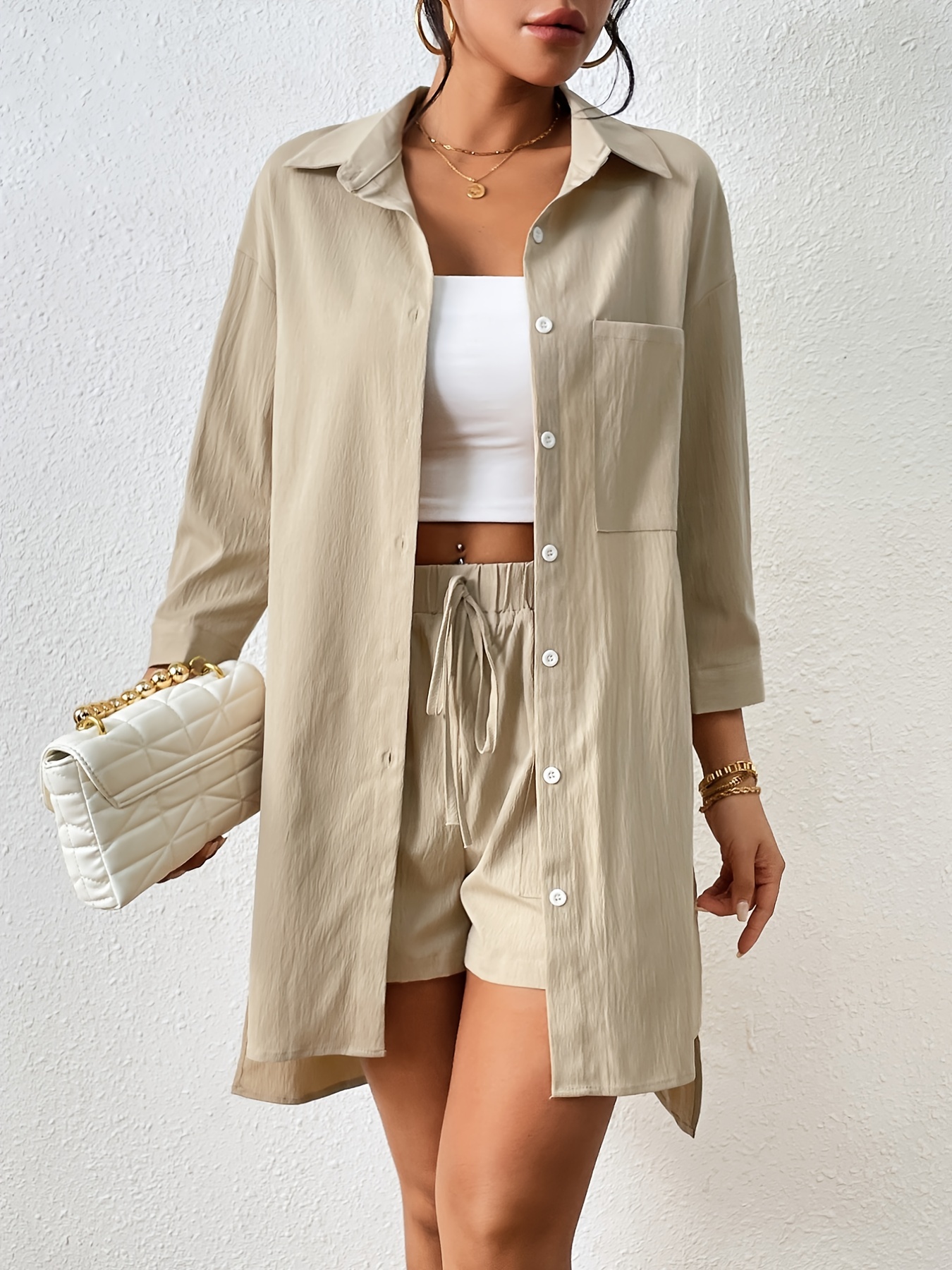 Solid Casual Two piece Set Button Front Long Sleeve Shirt - Temu