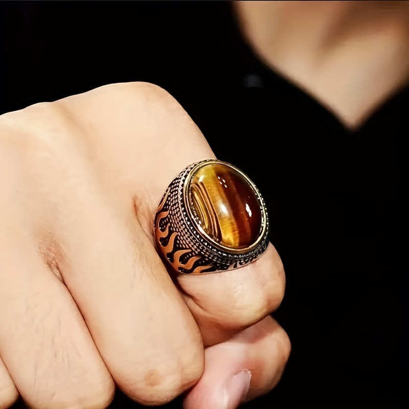 Vintage Men's Tiger Eye Gemstone Ring, Unique Design