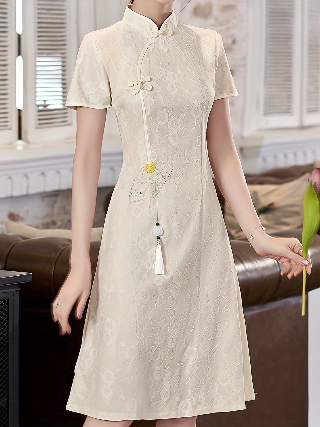 Chinese Style Cheongsam Dress, Vintage Elegant Short Sleeve Qipao Dress,  Women's Clothing