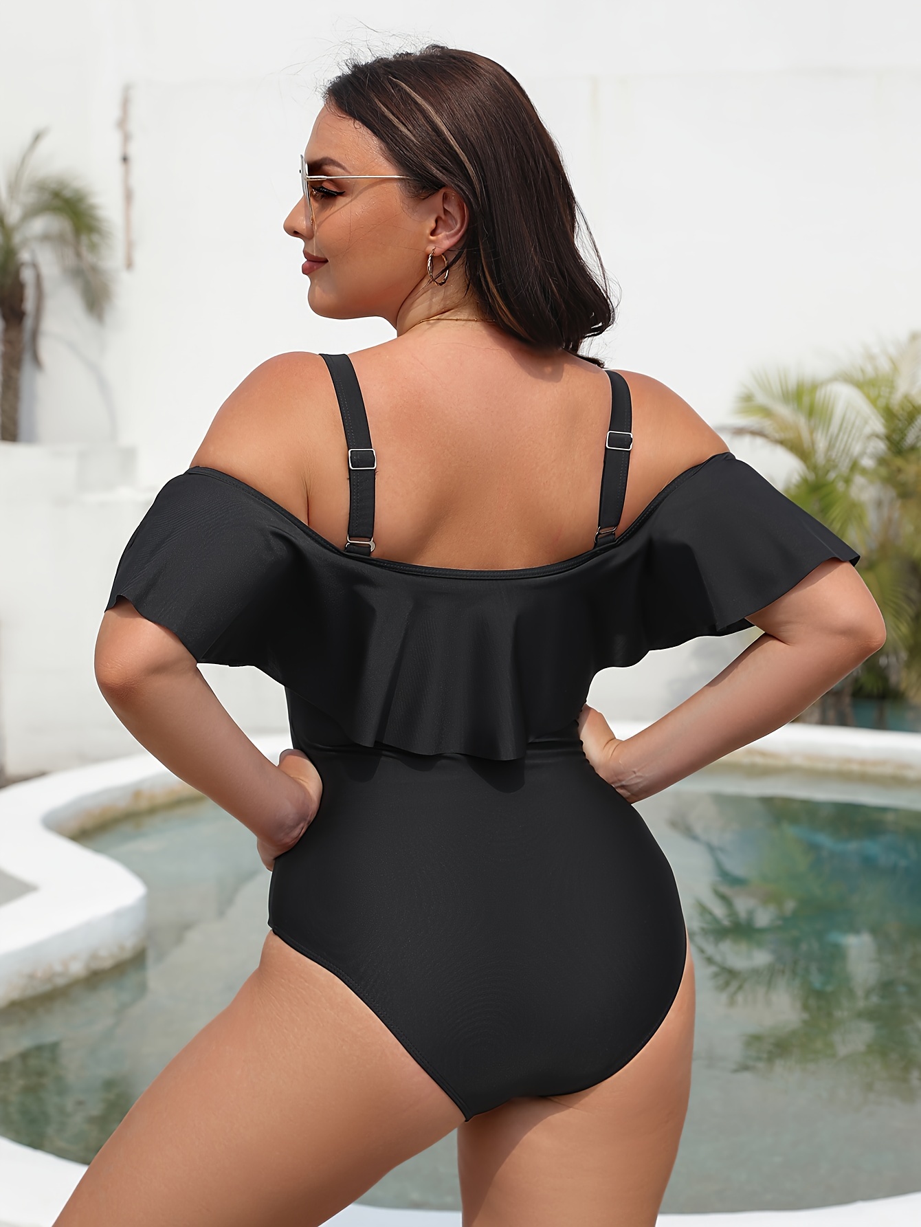 Plus Size Elegant Swimsuit Women s Plus Solid Cold Shoulder Ruffle Trim Bathing Suit