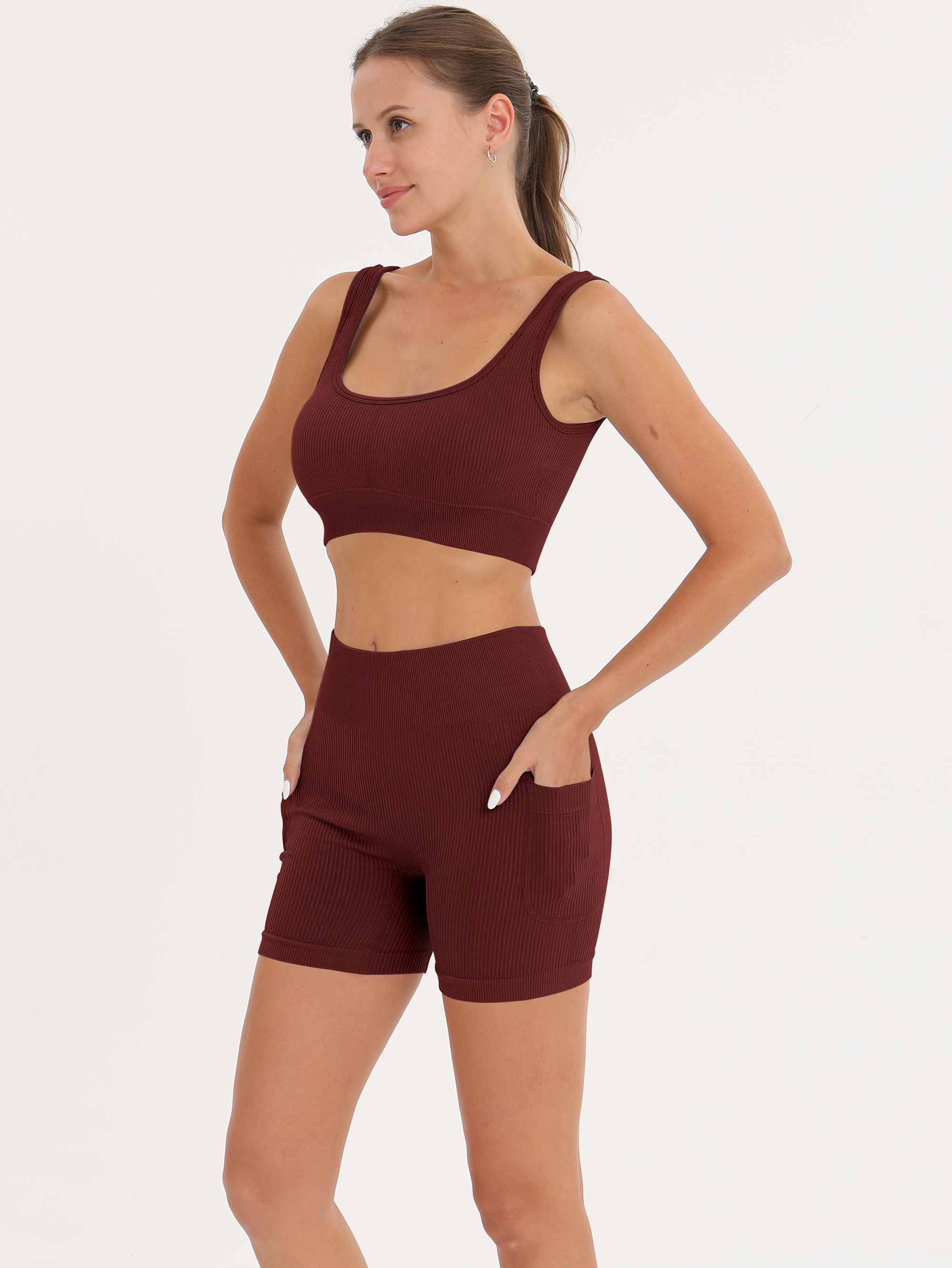 Solid Color Yoga Sports Sets Ribbed Crop Top High Waist Butt - Temu