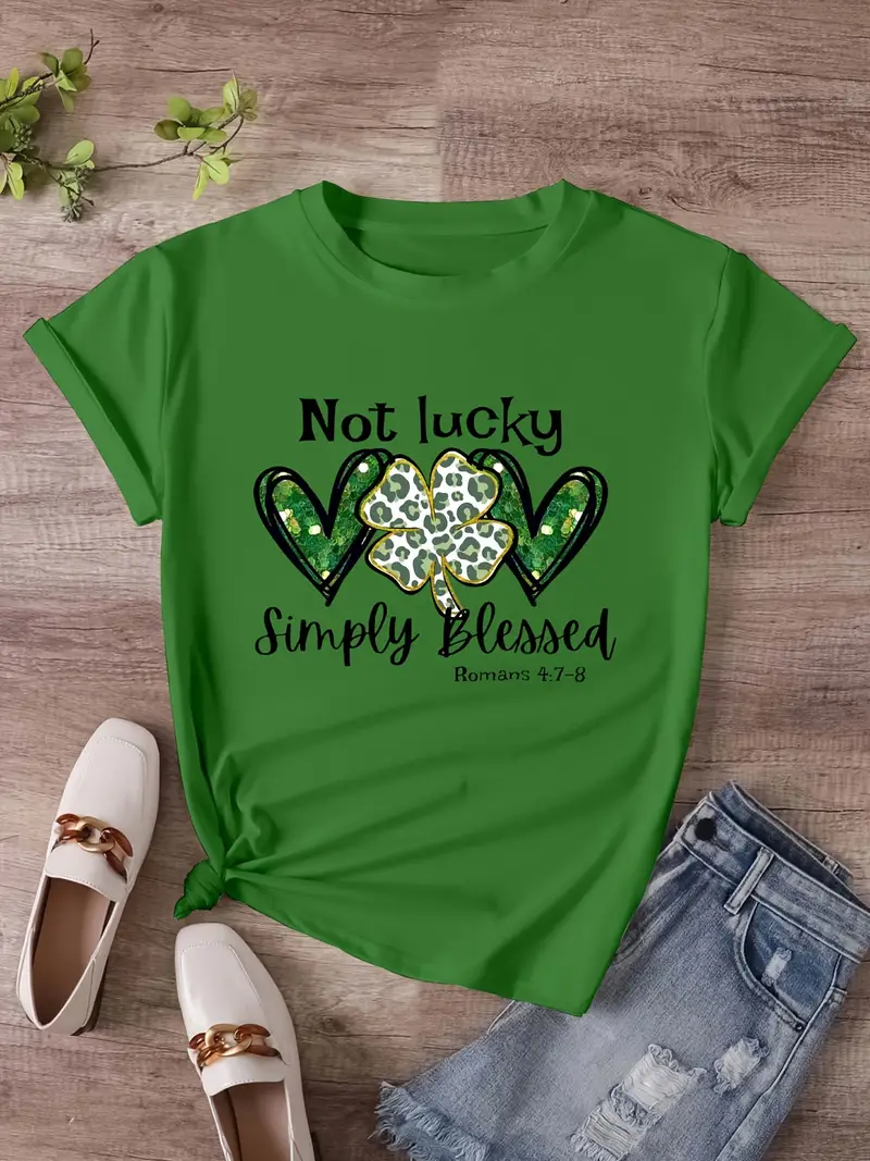 Plus Size Heart & Four Leaf Clover Print T-Shirt, Casual Short Sleeve Top  For Spring & Summer, Women's Plus Size Clothing