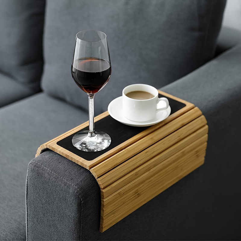 Bamboo Rustic Couch Snack Caddy,TV Tray Cup Holder with 2 Red Wine