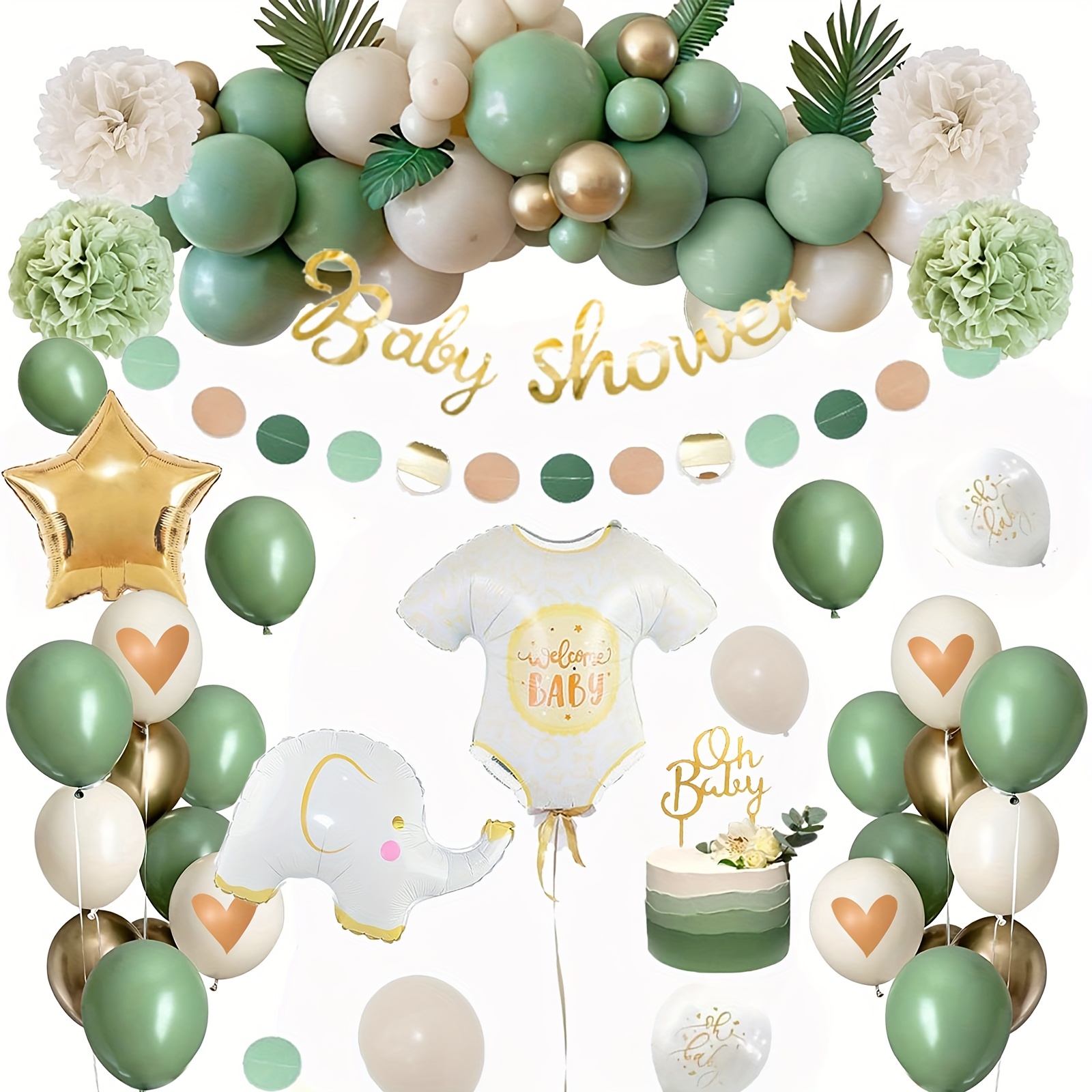 MMTX Sage Green Baby Shower Decorations, Neutral Baby Shower Balloons Set,  Mummy to be Sash, Oh Baby Banner Cake Topper Tassels Paper Pom Poms for  Gender Reveal Party 