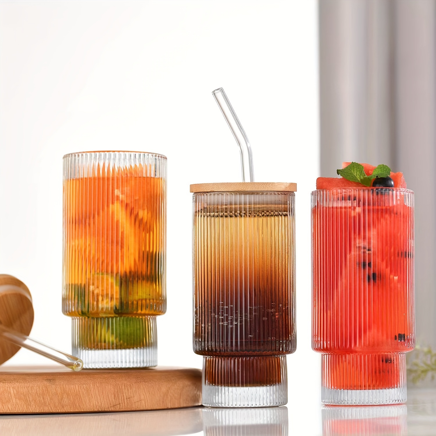 Vertical Stripes Glass Cup Set Drinking Glasses With Straws - Temu