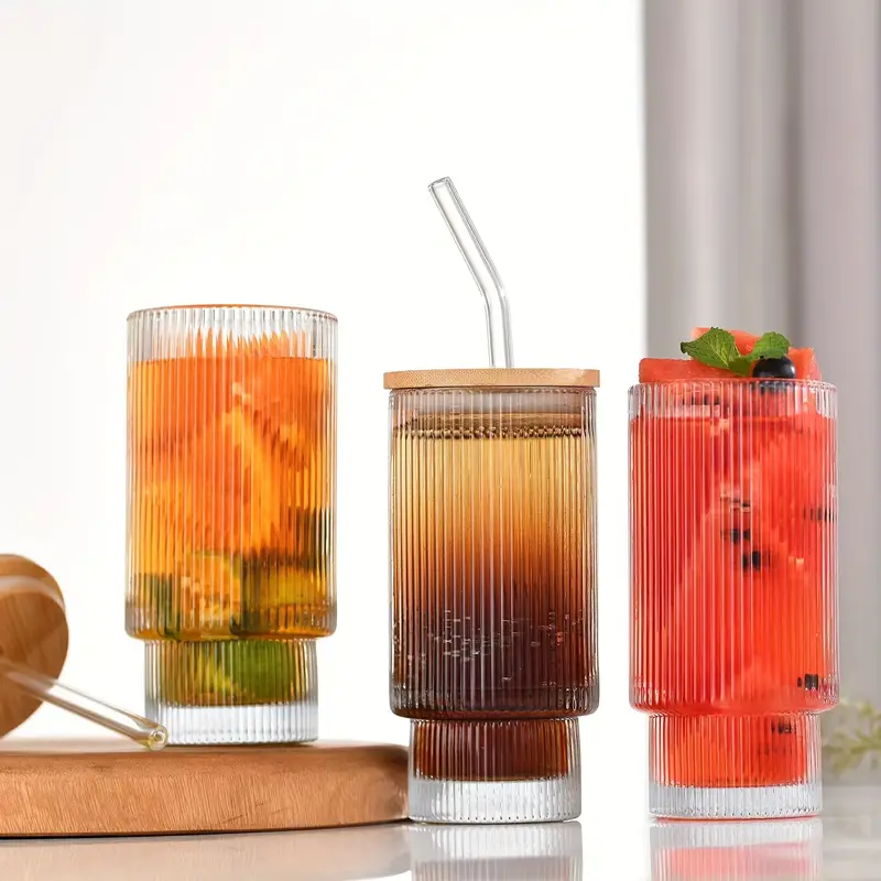 Vertical Stripes Glass Cup Set, Drinking Glasses With Straws, High