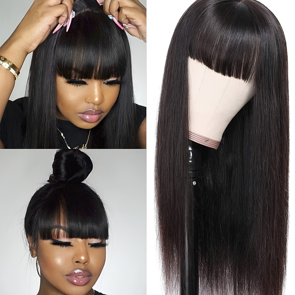 

Straight Human Hair Wigs With Bangs Full Machine Made 100% Real Remy Human Hair Wigs For Women Natural Black No Shedding No Can Be Any Style For Use In Daily&party&cosplay