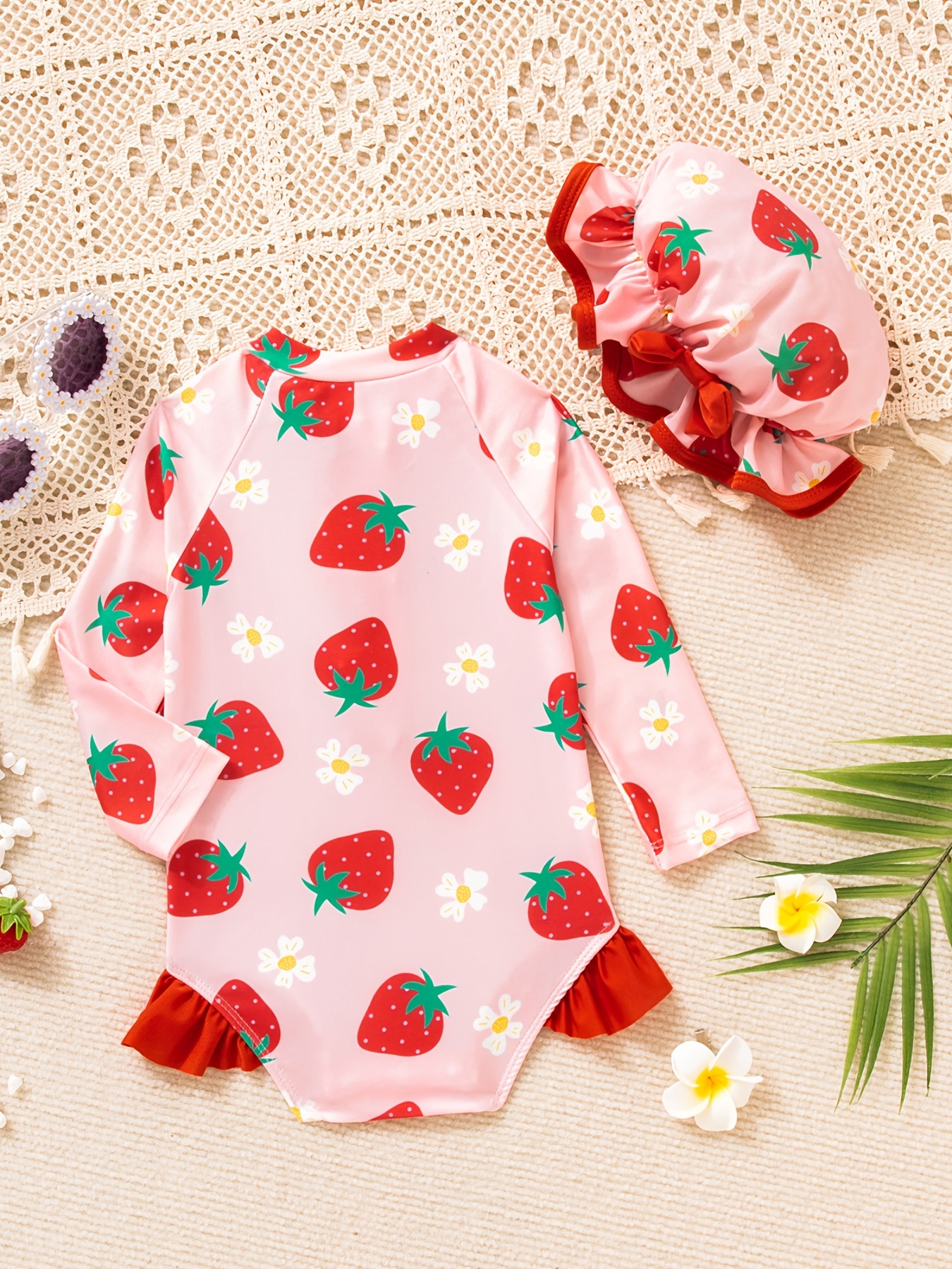 Girls Cute Strawberry Print Zip Long Sleeve Swimsuit Hat - Temu Canada