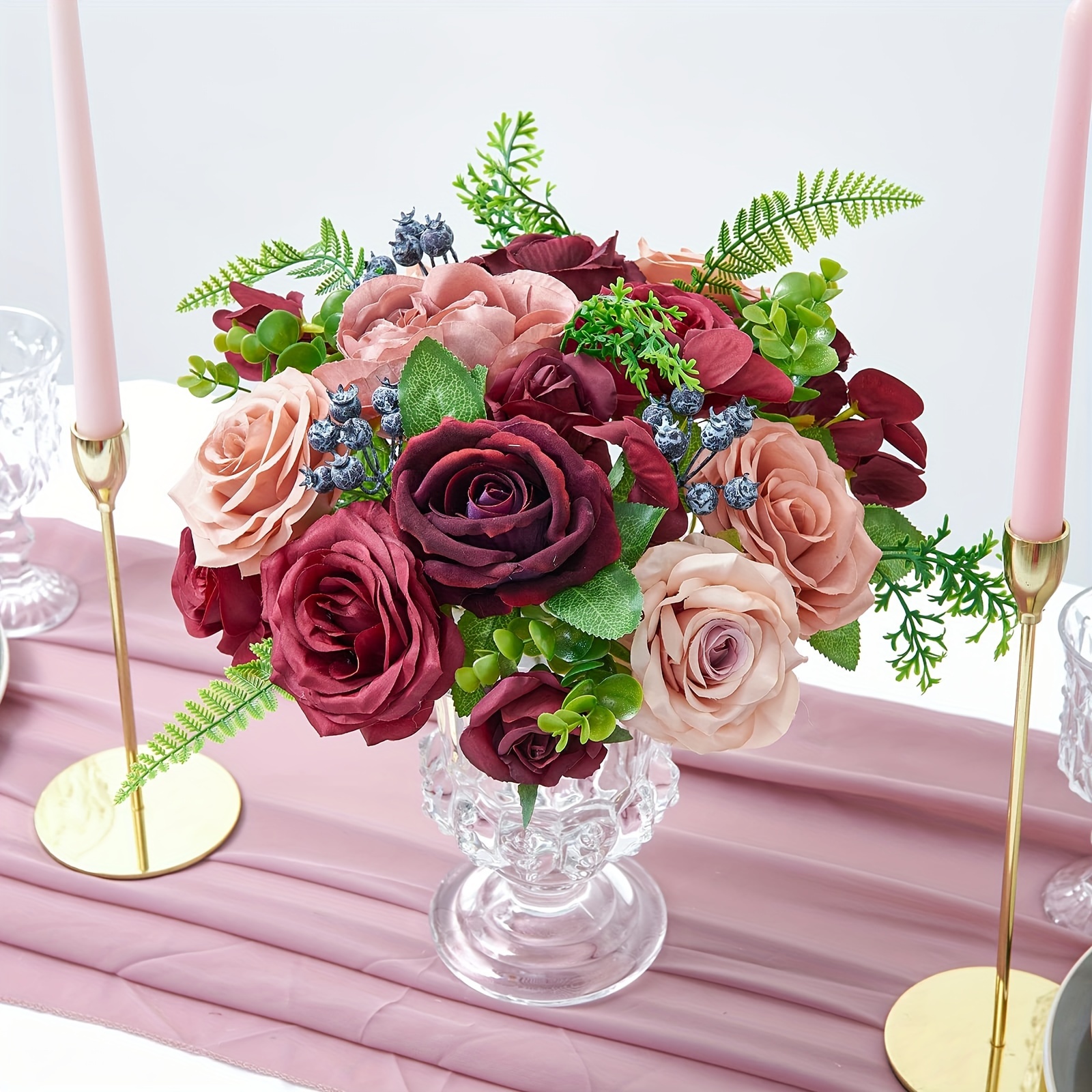 Artificial Flowers Combo Box Set Faux Burgundy Flowers - Temu