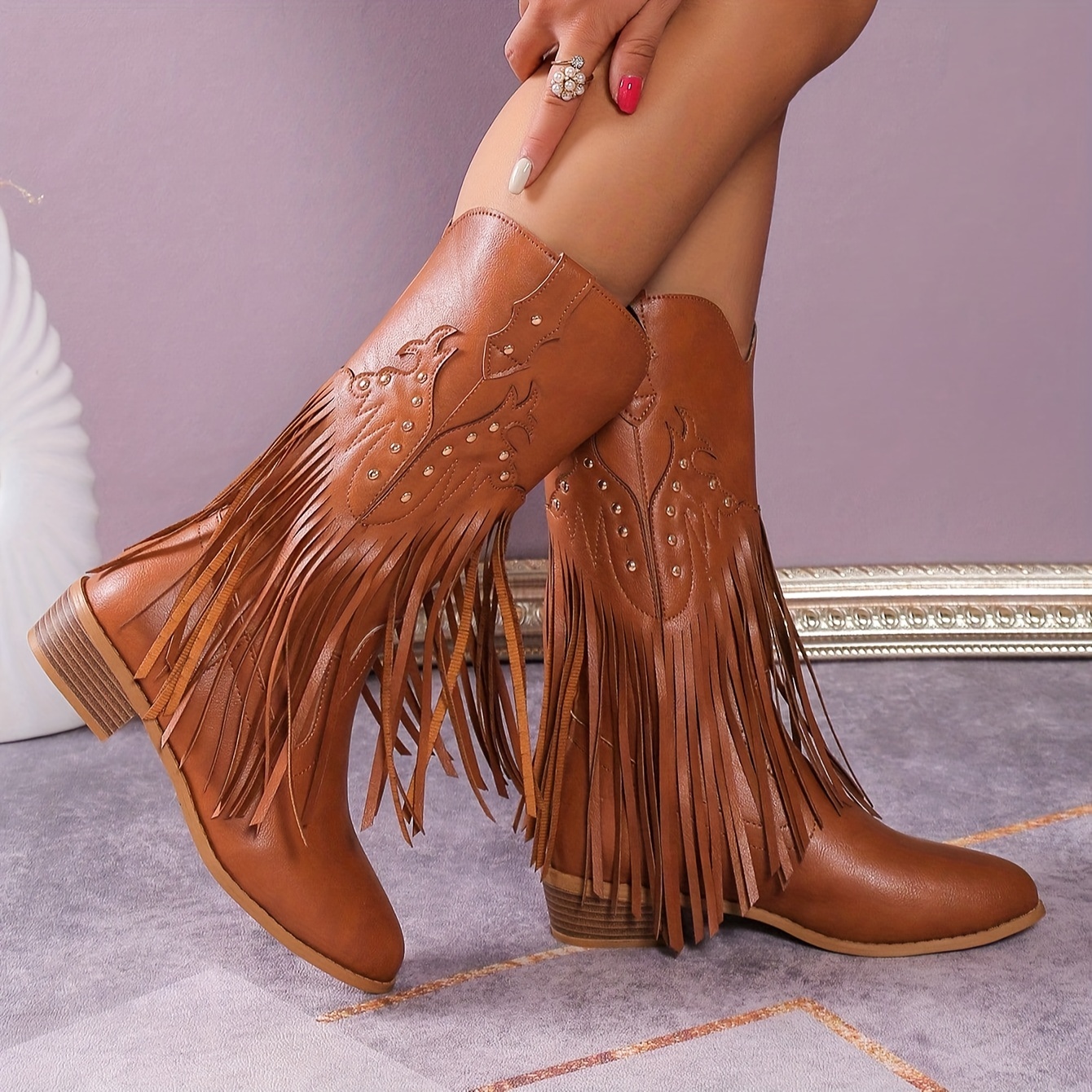 Women s Tassel Decor Chunky Heel Boots Fashion Point Toe Temu New Zealand