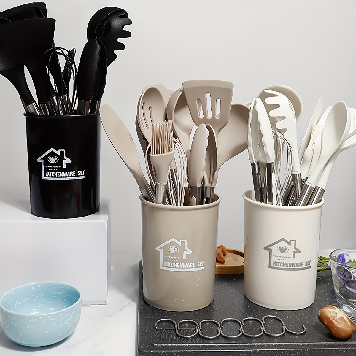 Creative Silicone Kitchenware Set with Wooden Handle and Bucket 13 Pcs  Silicone Spatula Spoon Silicone Kitchen Tools
