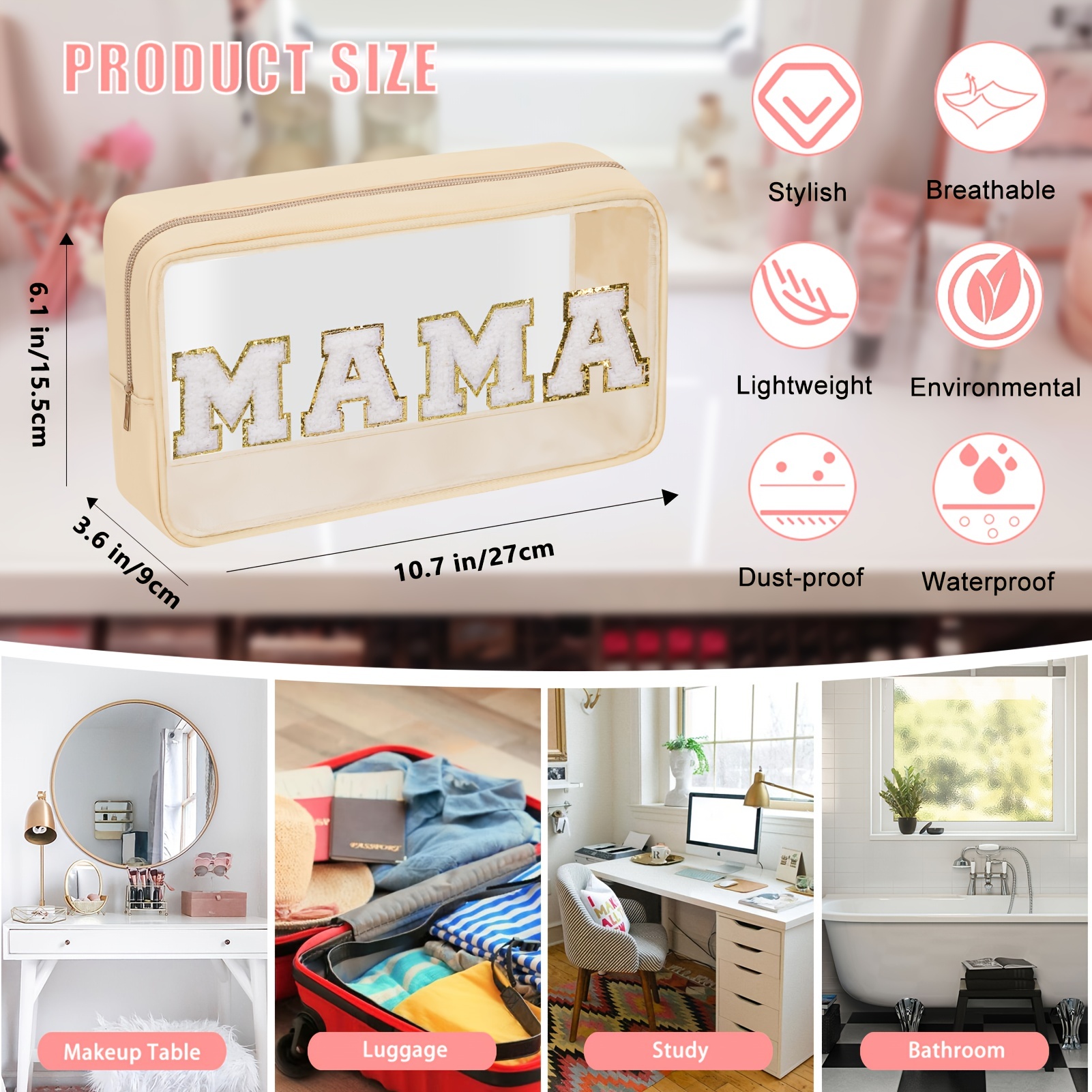 Chenille Letter Clear Makeup Bags Mama Pouch Preppy Patch