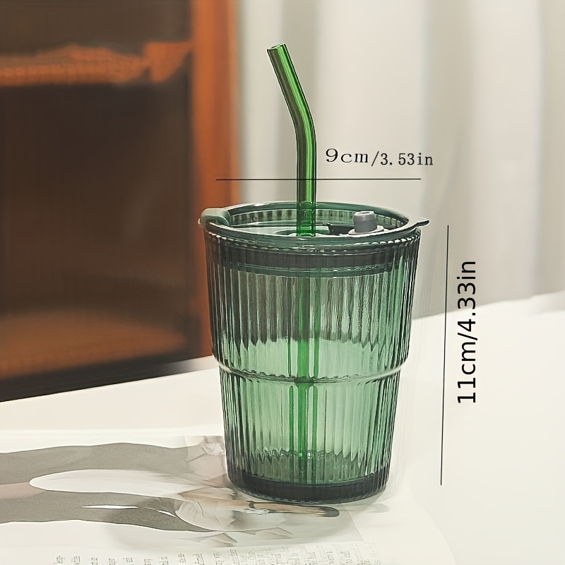 1pc Striped Coffee Cup With Straw And Cover, Glass Travel Mug
