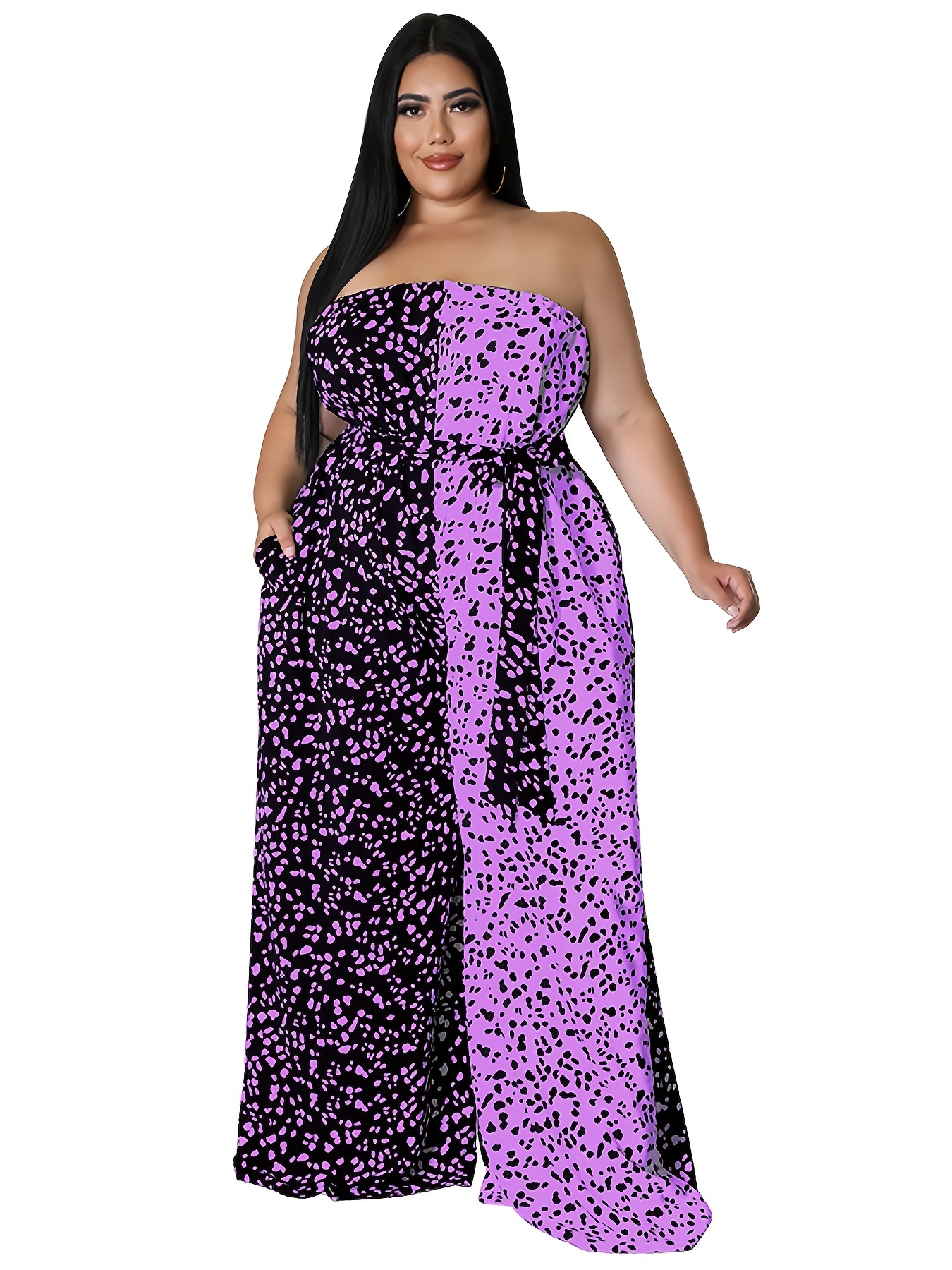 Plus Size Colorblock Polka Dot Shoulder Wide Leg Jumpsuit - Temu New ...
