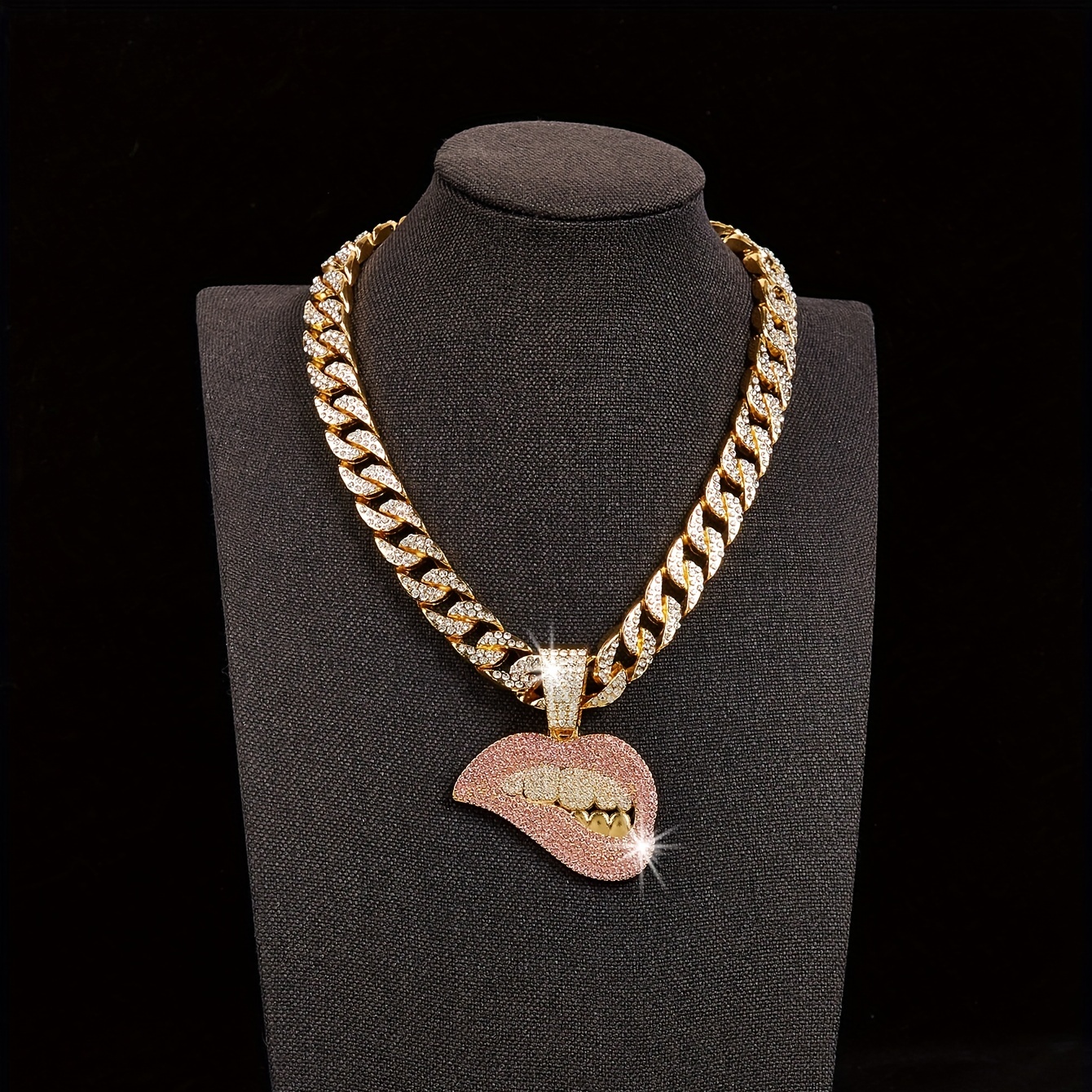 Pink Lips Pendant Cuban Chain Necklace