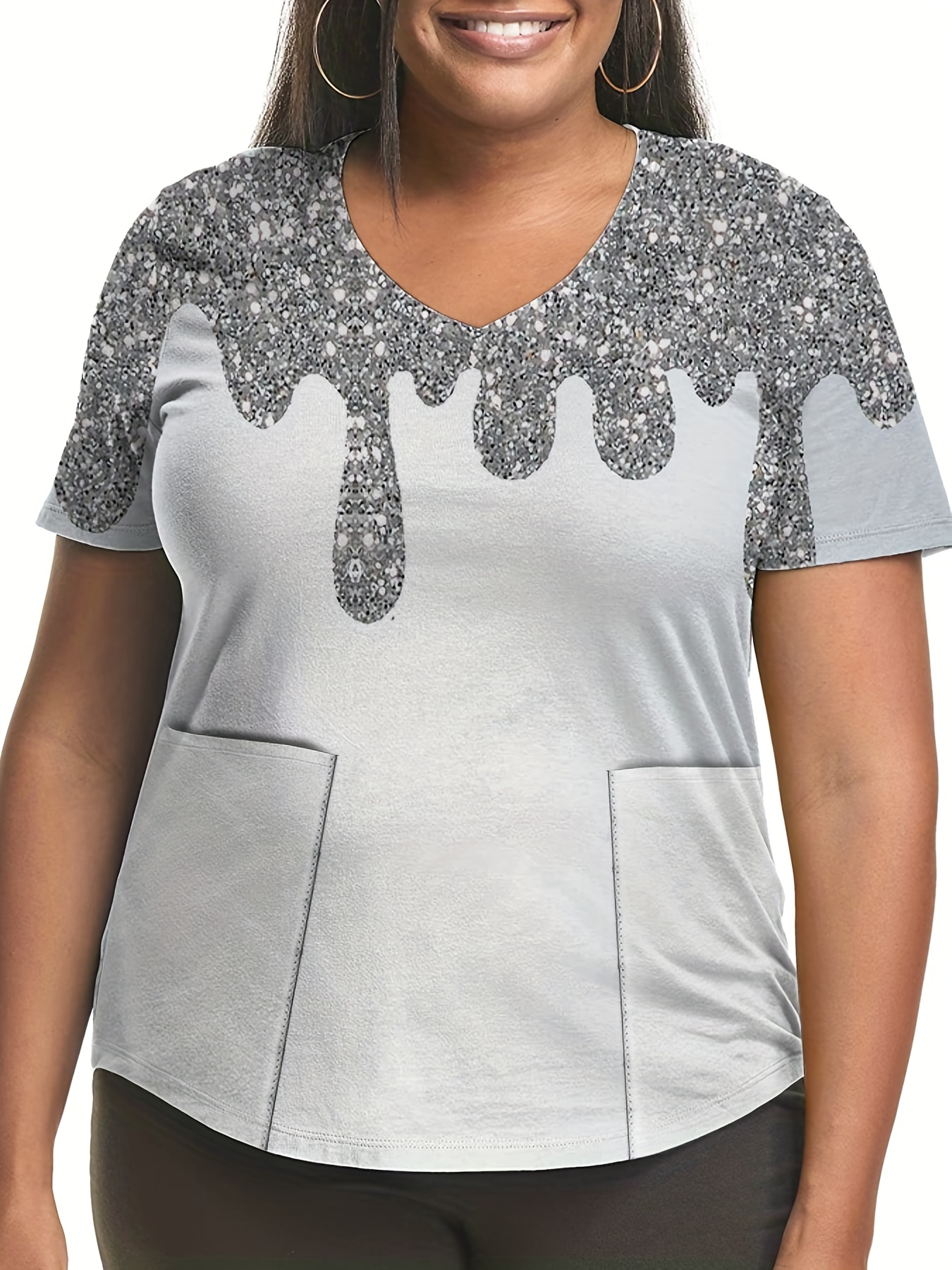 Plus Size Casual T shirt Women's Plus Colorblock Glitter - Temu