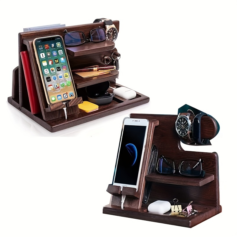 Wood Phone Docking Station Key Holder Wallet Stand Jewelry Watch