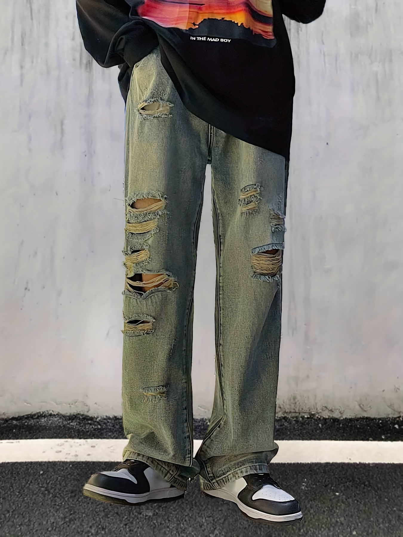 Loose Fit Ripped Jeans, Men's Casual Street Style Distressed Denim Pants  For All Seasons