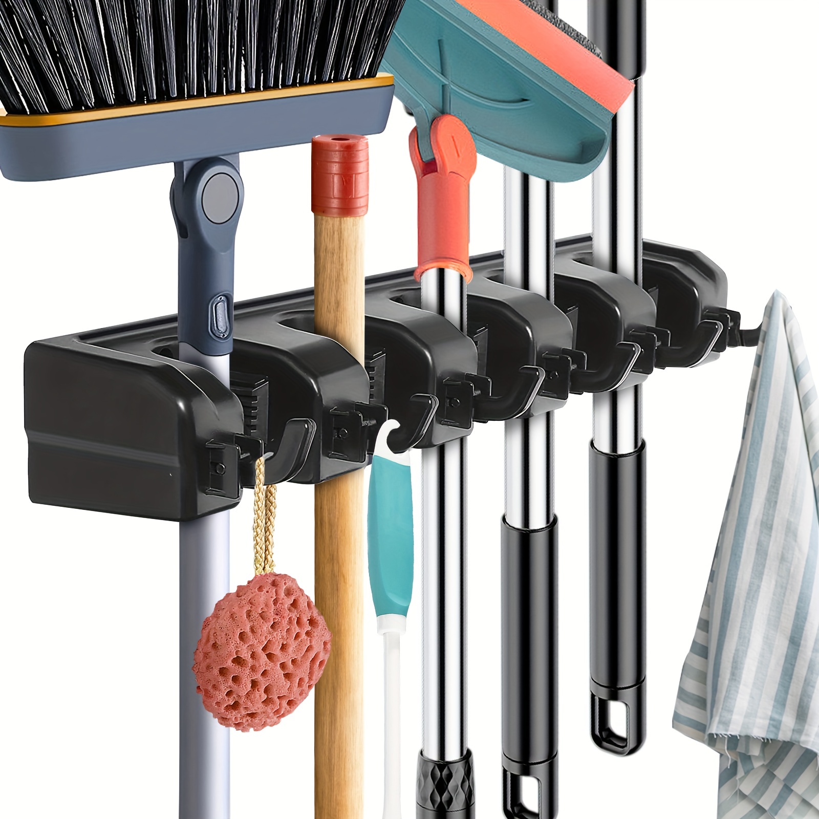 Mop and Broom Holder Wall Mount - Heavy Duty Broom Holder Wall Mounted or Tool Organizer for Home Garden Garage and Storage (5 Positions with 6 Hooks)