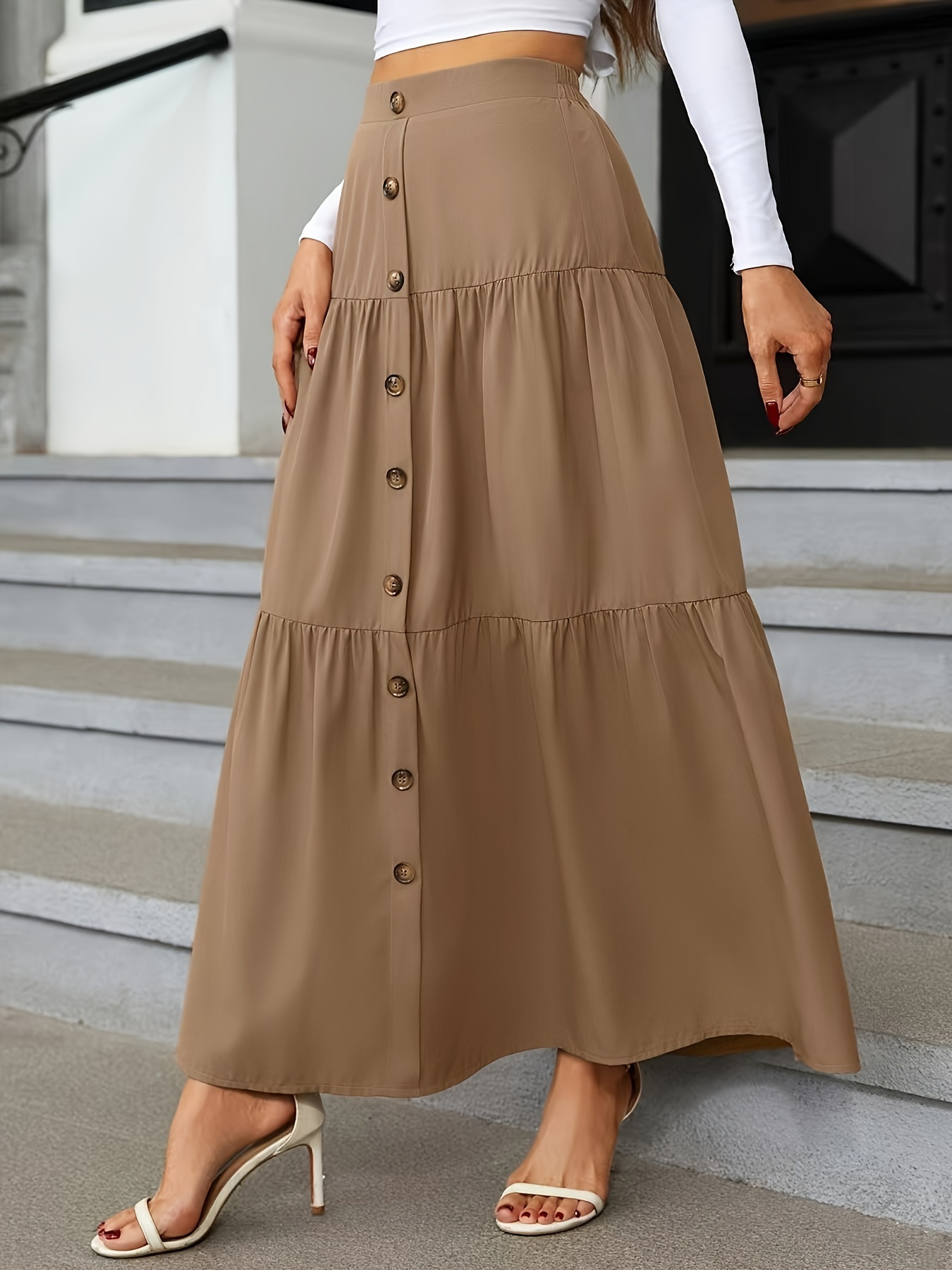 High Waist Tiered Skirts Casual Solid Button Front Maxi - Temu Canada