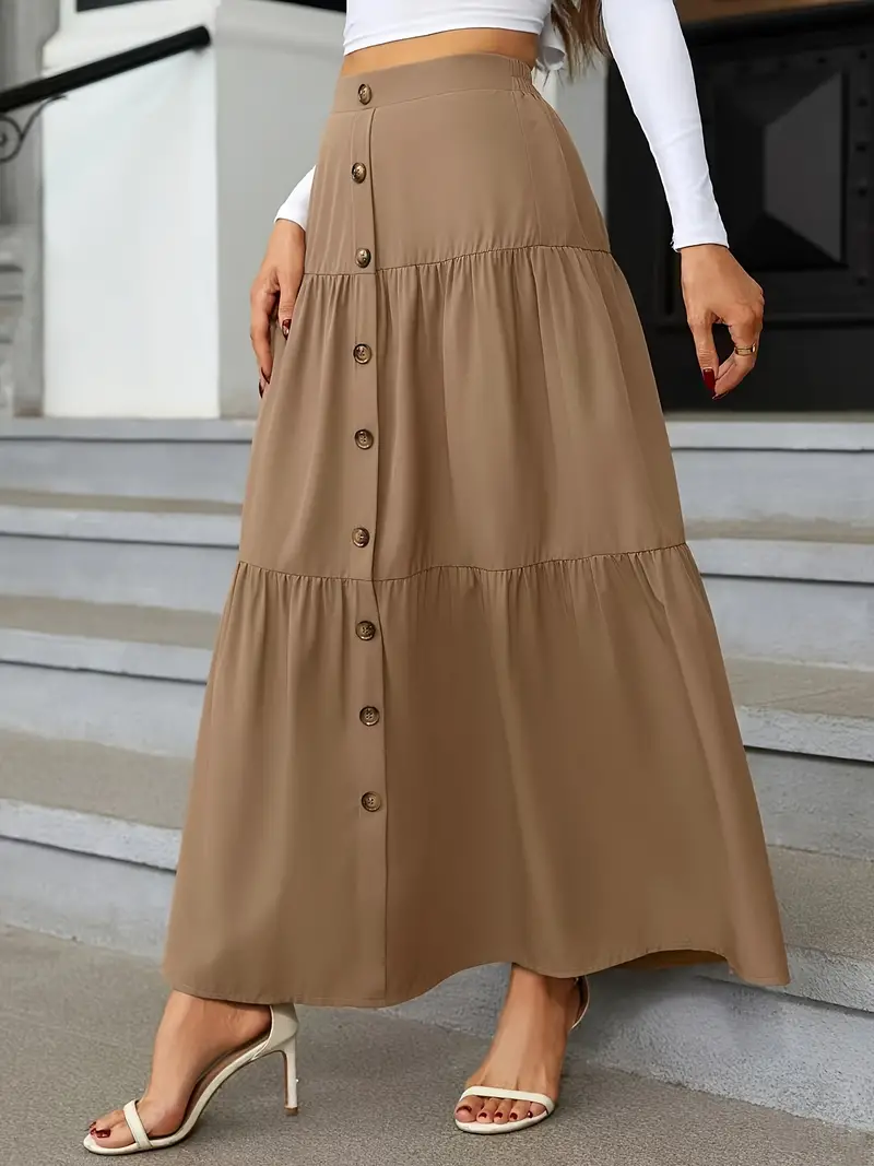 high waist tiered skirts casual solid button front maxi skirts womens clothing details 29