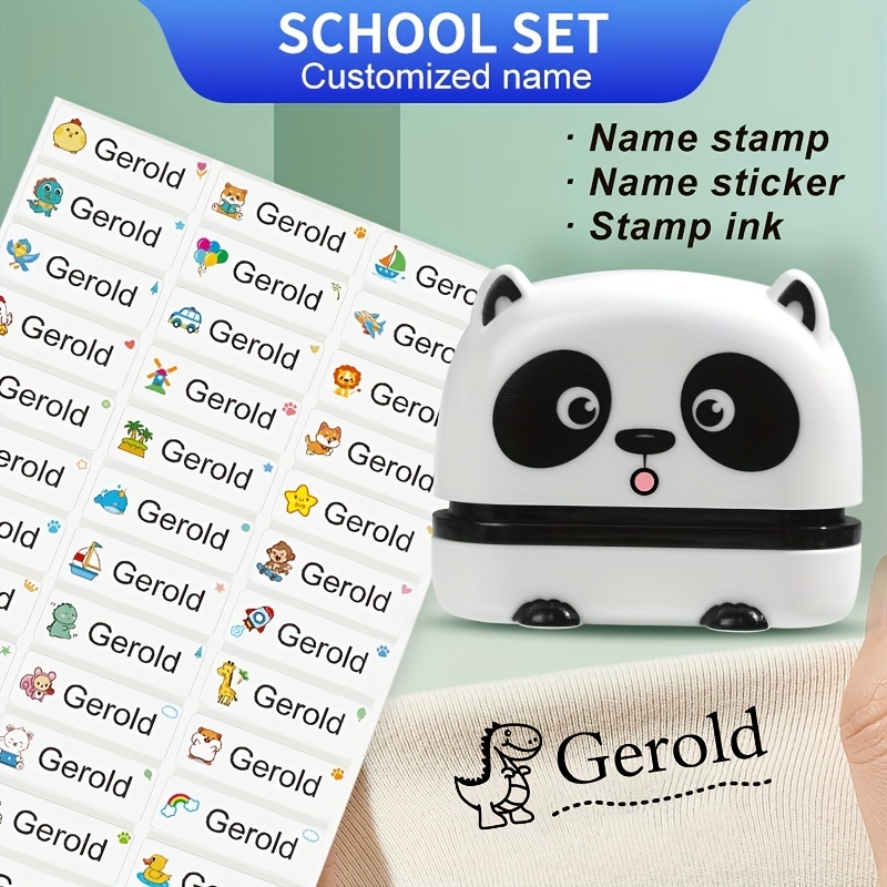 

School Set (1pc White Panda Stamp And 60pcs Stickers)custom Name Seals Stamp For Teachers Clothing Waterproof Not Faded Diy Personalized Name Label Clothes