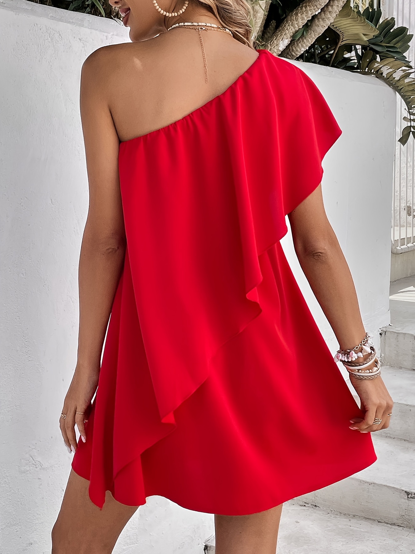 short red chiffon one shoulder dress