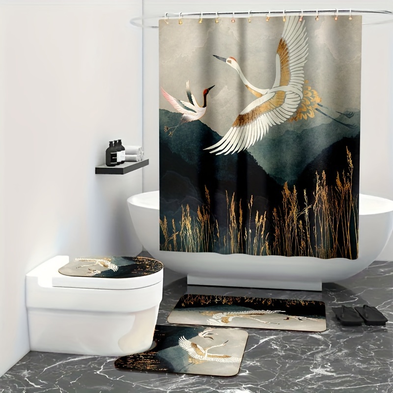 4pcs Landscape Print Shower Curtain Set, Bathroom Rug, U-Shape Mat, Toilet  Lid Pad, Waterproof Curtain Including 12 Hooks, 70.8x70.8/180x180cm, Aesth