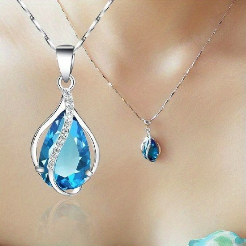 

Exquisite 925 Silver Plated Teardrop Cut Aquamarine Gemstone Pendant Necklace For Women Wedding Anniversary Prom Gift