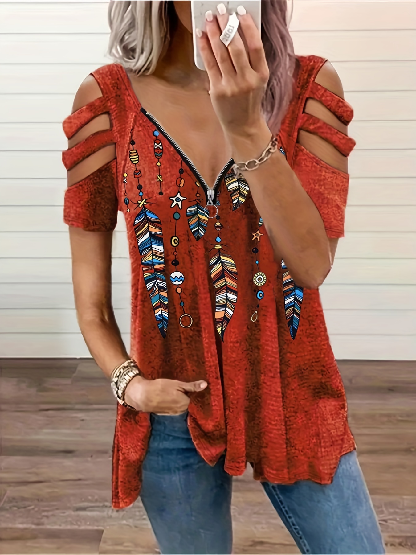 feather print cut sleeve t shirt casual zipper summer t - Temu