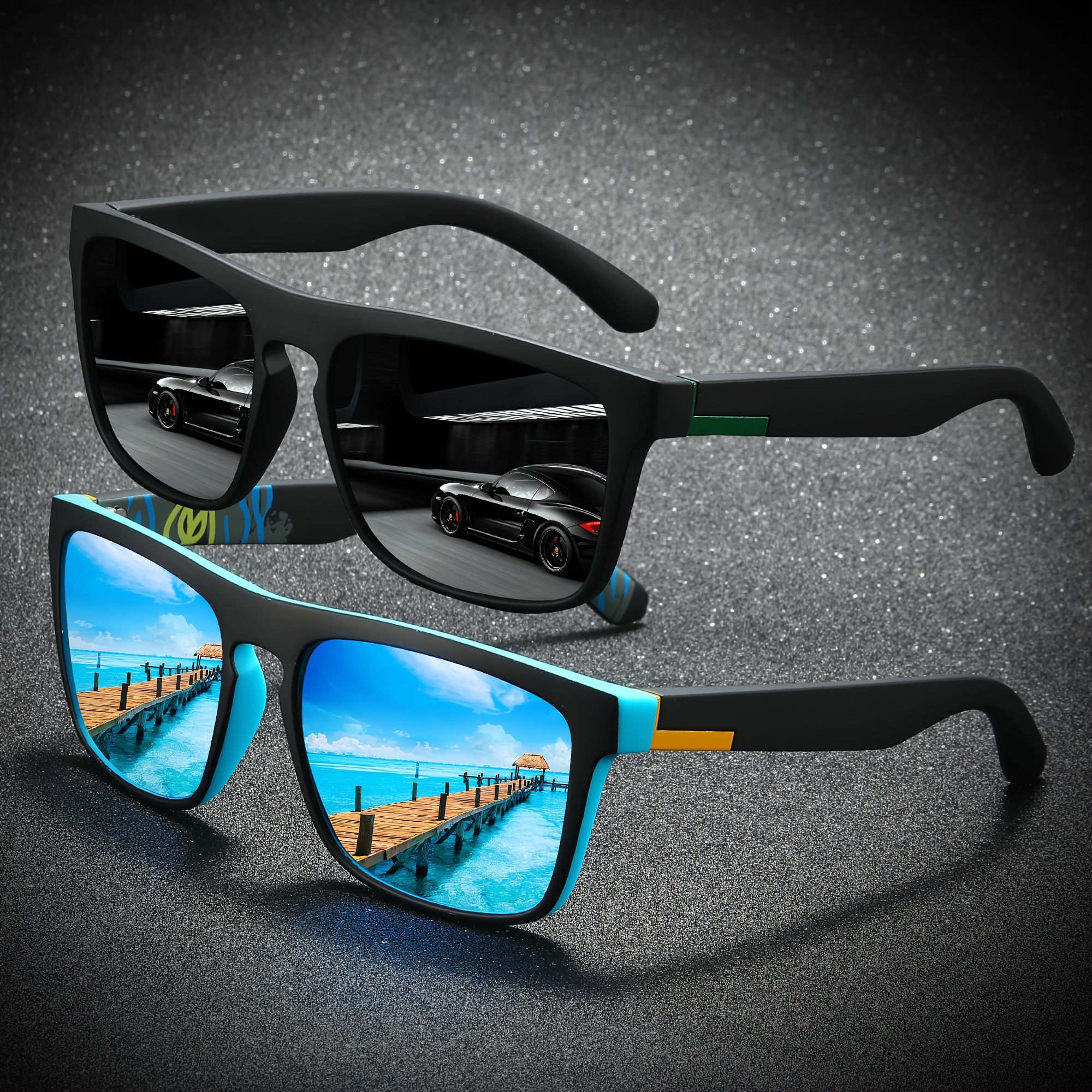 2pairs Trendy Cool Square Frame Sunglasses Set With Colorful