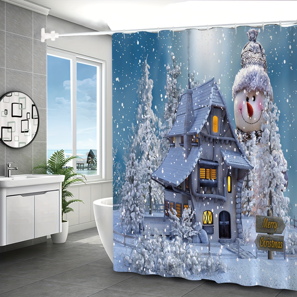 Scarf Snowman Shower Curtain Waterproof Shower Curtain - Temu
