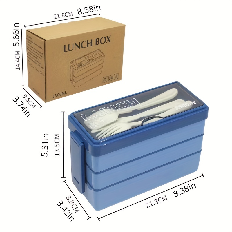 1pc 1500ml Large Capacity Blue Thermal Lunch Box With Three