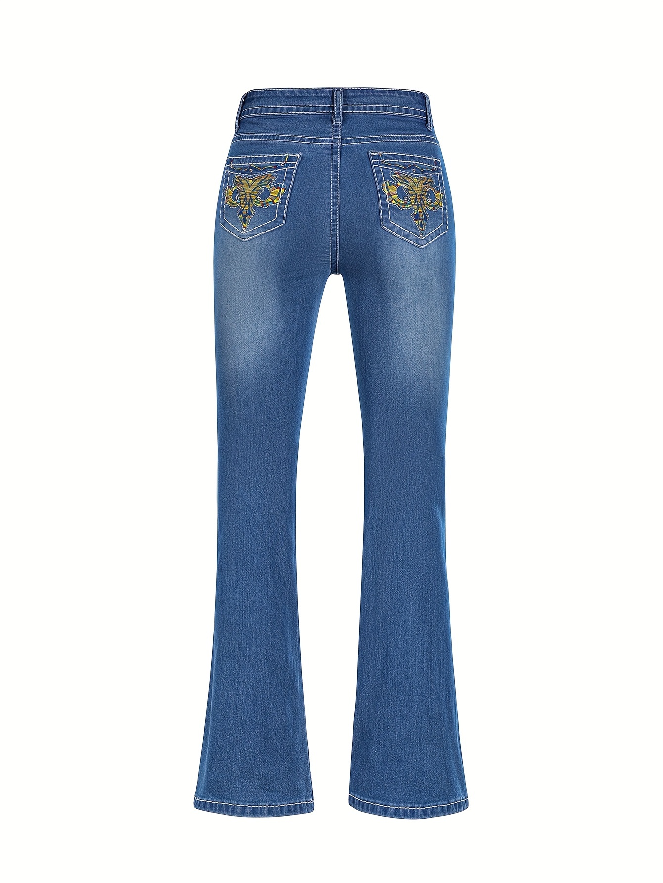 Embroidered Decor Casual Flare Jeans High Stretch Slant - Temu
