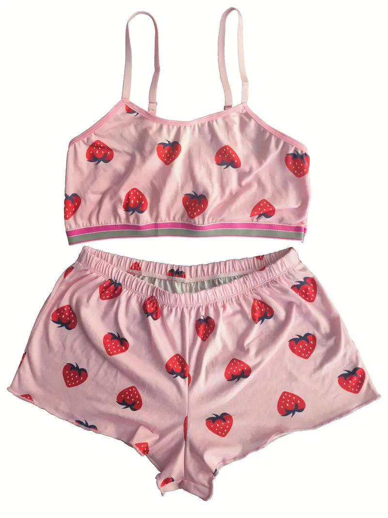 Strawberry Print Pajama Set Cute Cami Top Elastic Waistband - Temu