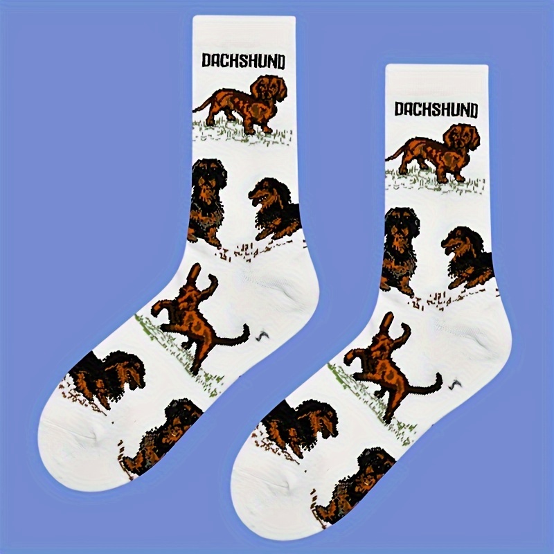 

1 Pair Of Men's Trendy Cartoon Dog Pattern Crew Socks, Breathable Cotton Blend Comfy Casual Unisex Socks For Men's Outdoor Wearing All Seasons Wearing