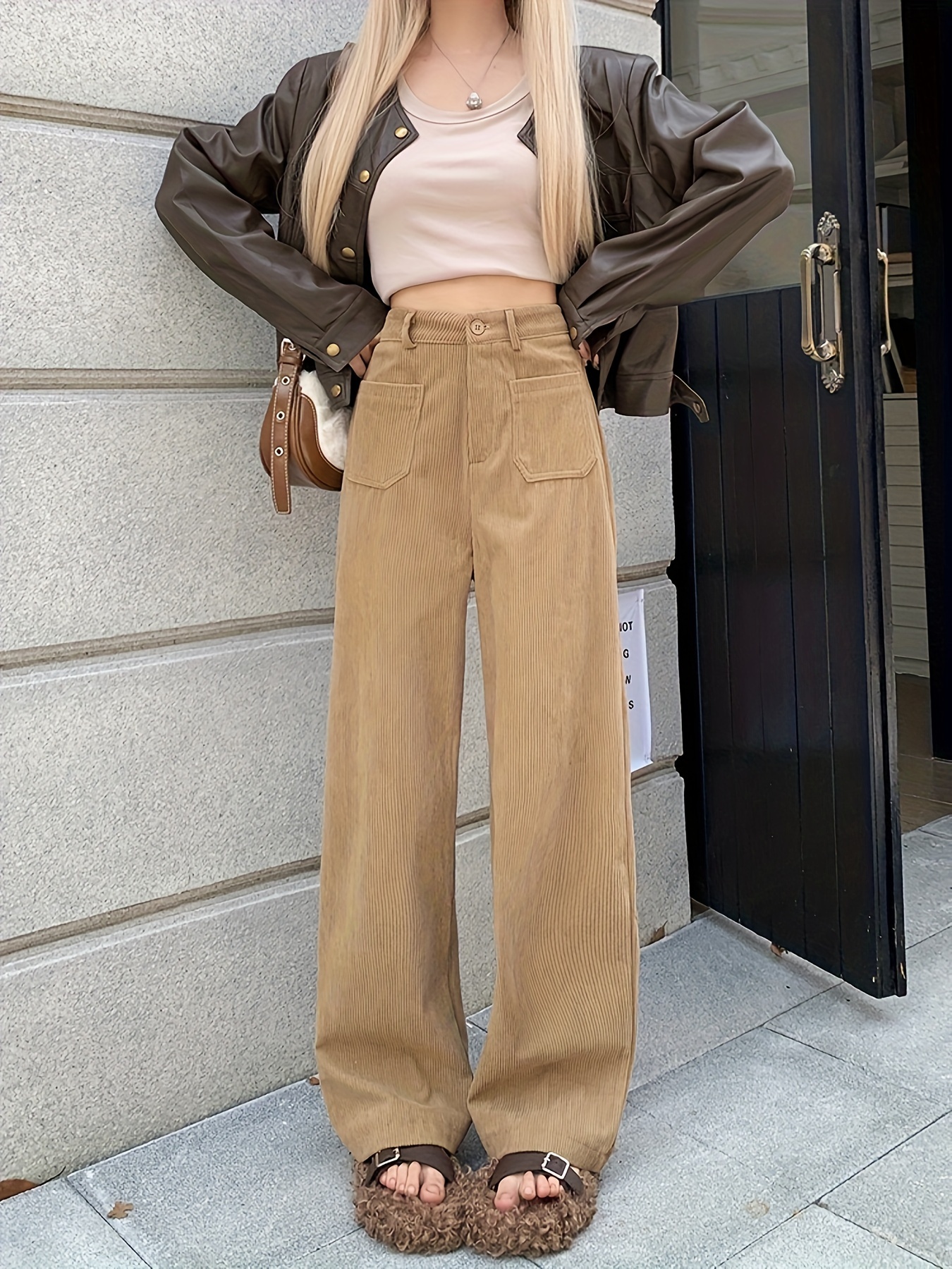 Women Wide Leg Pants With Pockets Solid Color Relaxed Fit Casual