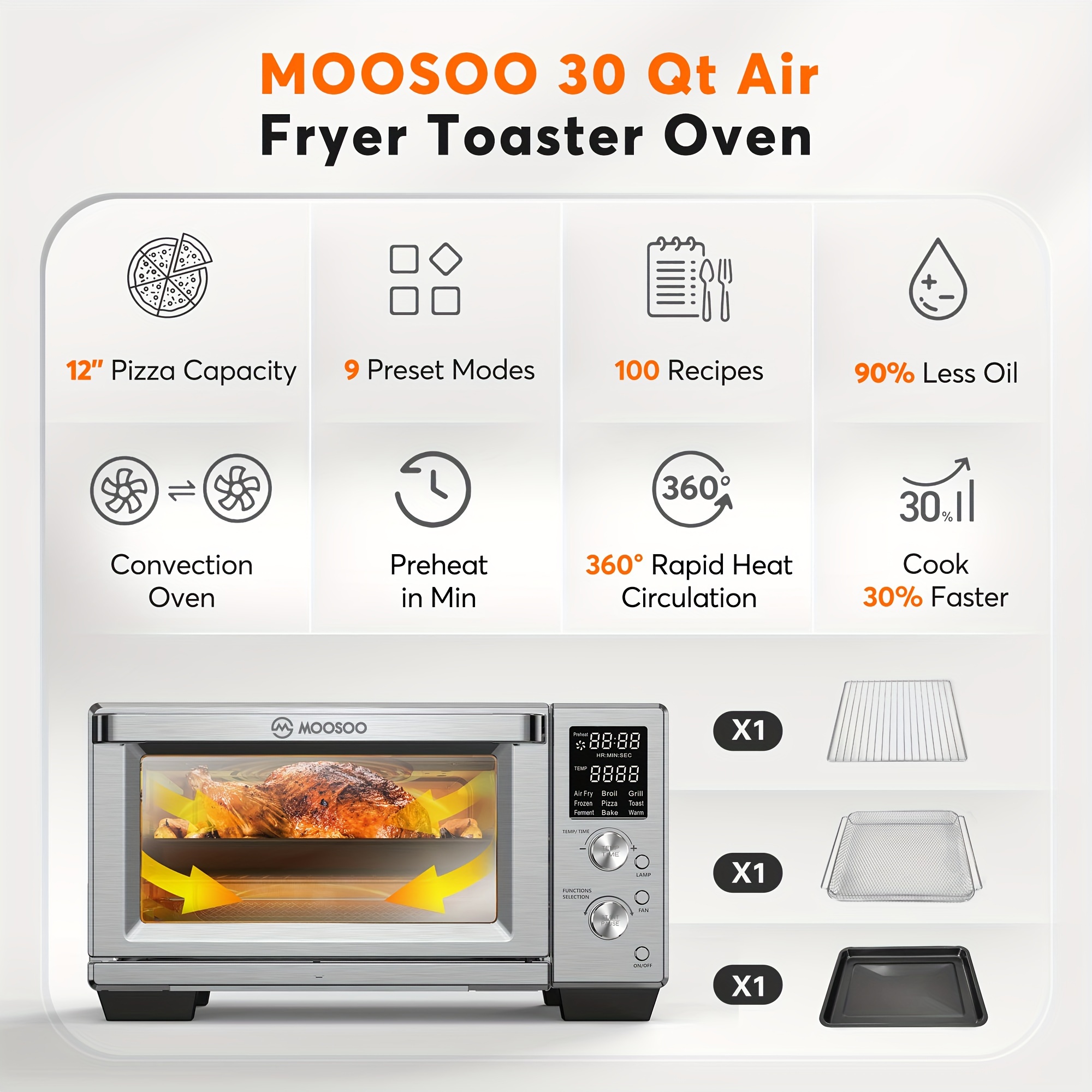 Cosori 12-in-1 30Qt Stainless Steel Air Fryer Toaster Oven with