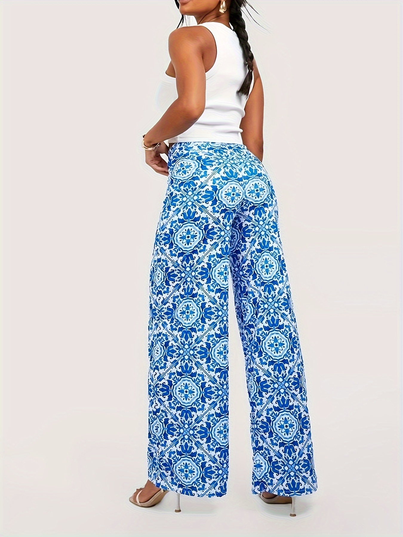 Allover Print Wide Leg Pants Calças De Cintura Alta - Temu Portugal