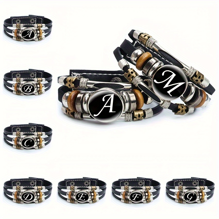 

1pc Artistic Letter A-z Faux Leather Bracelet, 26 Initial Letters Glass Adjustable Bracelet, Women Men Trendy Accessory Gift