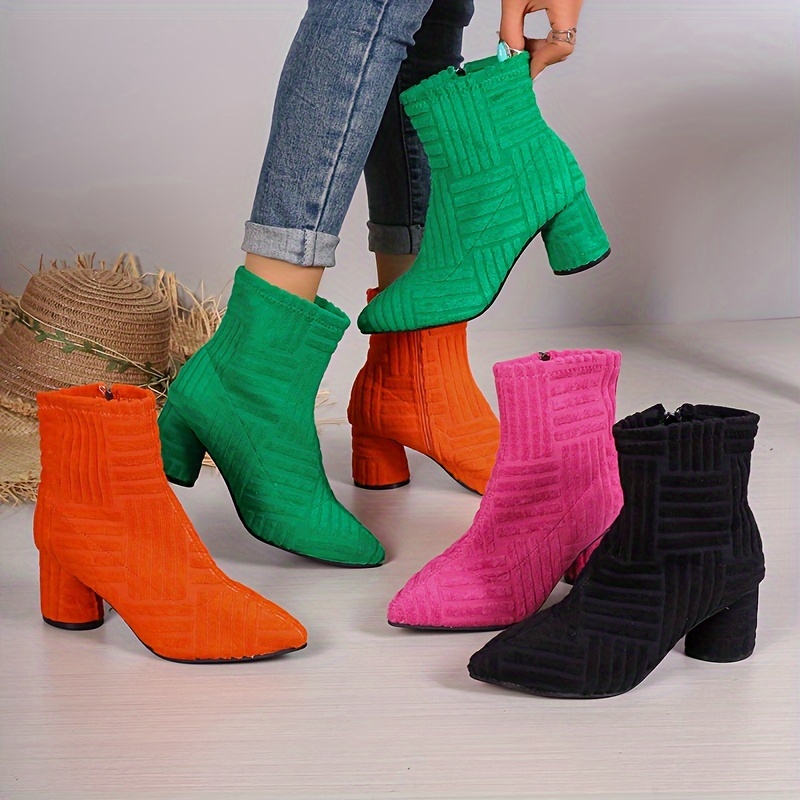 

Women's Terry Cloth Short Boots, Fashion Pointed Toe Chunky Heeled Booties, Solid Color Side Zipper Ankle Boots